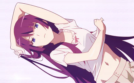 A high-definition wallpaper featuring Hitagi Senjōgahara from the Monogatari Series: Second Season, showcasing her long purple hair and striking blue eyes.