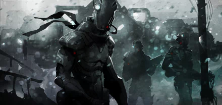 A striking HD desktop wallpaper featuring a futuristic warrior robot in a dark, atmospheric setting, accompanied by shadowy figures in a sci-fi landscape.