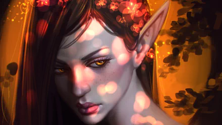 A captivating fantasy-themed image featuring an elf with striking golden eyes, surrounded by glowing floral elements against a warm, enchanted background. HD wallpaper for a magical atmosphere.