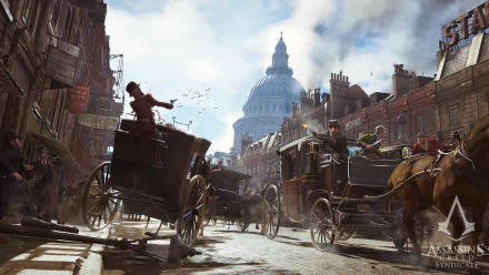 A dynamic scene from the video game Assassin's Creed: Syndicate, showcasing bustling streets with horse-drawn carriages and St. Paul's Cathedral in the background. High-definition wallpaper.