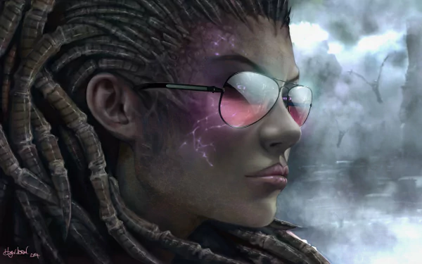 4K Ultra HD PC desktop wallpaper featuring a detailed close-up of a Starcraft character with braided hair and reflective sunglasses against a stormy background.