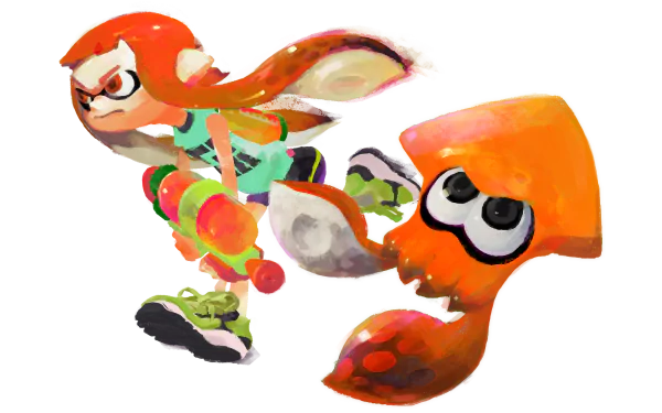 HD desktop wallpaper of Splatoon characters with vibrant ink-splattered background.