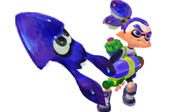 HD Splatoon-themed desktop wallpaper featuring a character with a splatter gun and a squid companion.