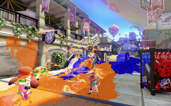 HD Splatoon desktop wallpaper featuring characters in a colorful ink battle on a vibrant urban map.