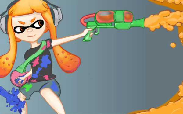 HD Splatoon-themed desktop wallpaper featuring an animated character with an ink gun on an orange splattered background.