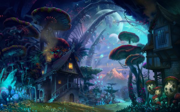 Fantasy House Mushroom Flower Moon HD Wallpaper | Background Image