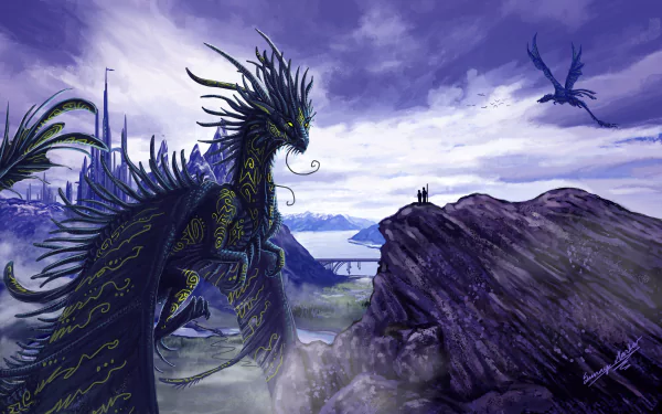 A majestic dragon overlooks a fantasy landscape featuring a distant castle, set against a dramatic sky in this 8K Ultra HD desktop wallpaper.