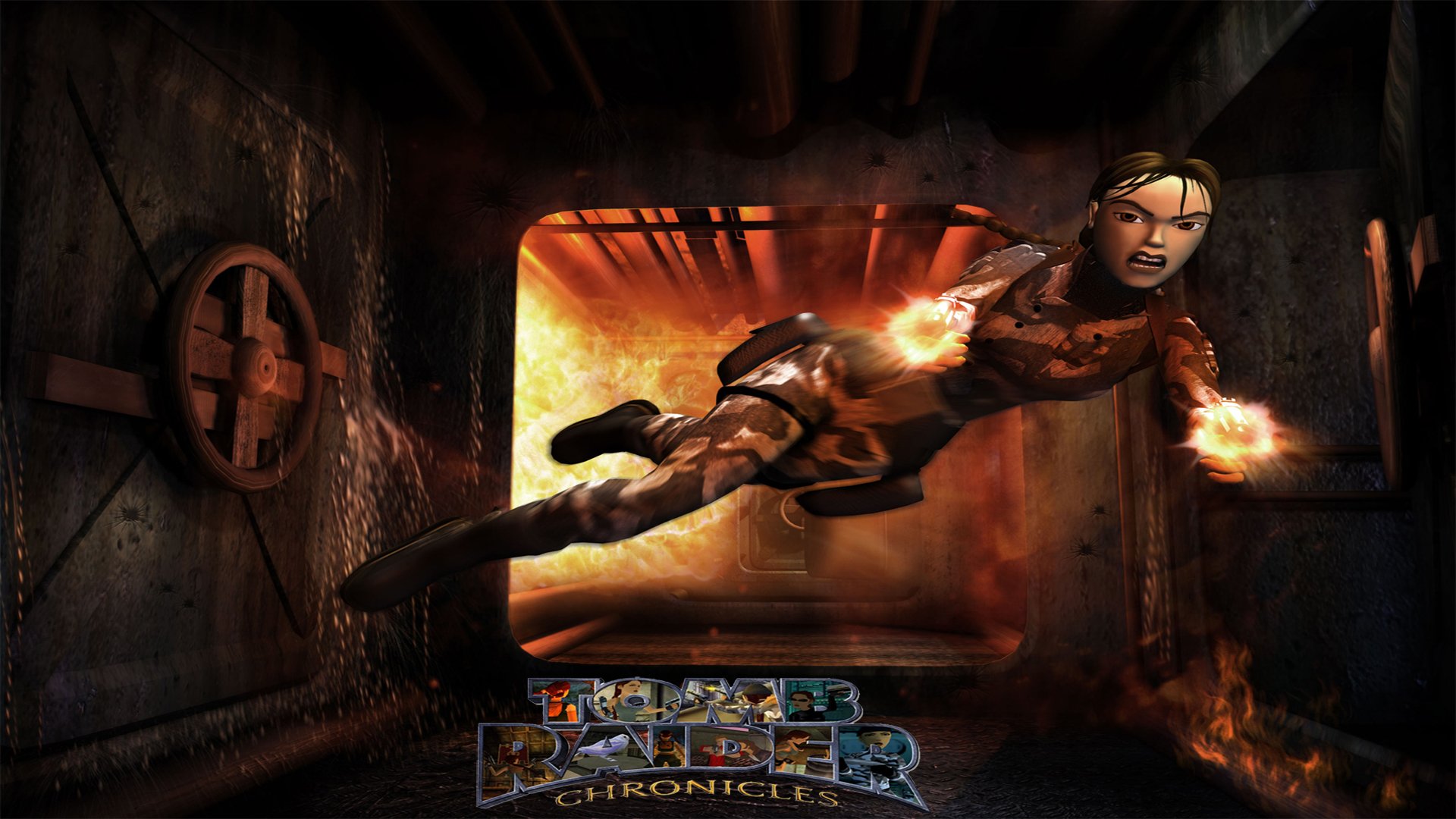 HD PC desktop wallpaper from the video game Tomb Raider Chronicles: Lara Croft lunges through a fiery industrial tunnel, fists ablaze, with the game's logo at the bottom.