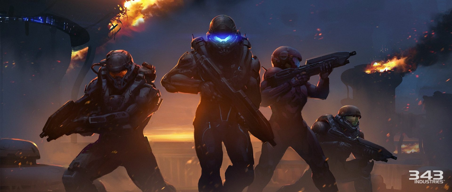 HD desktop wallpaper of Halo 5: Guardians featuring four armored characters in a dynamic, battle-ready stance with a fiery background.