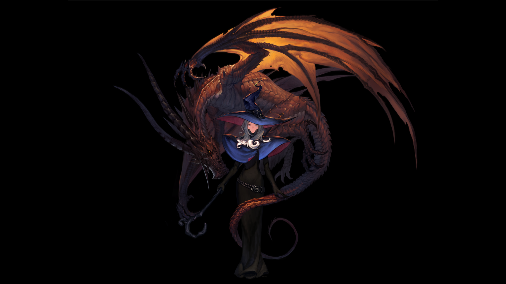 Anime-style HD desktop wallpaper featuring a witch with a large, fearsome dragon in a dynamic pose, set against a dark background.