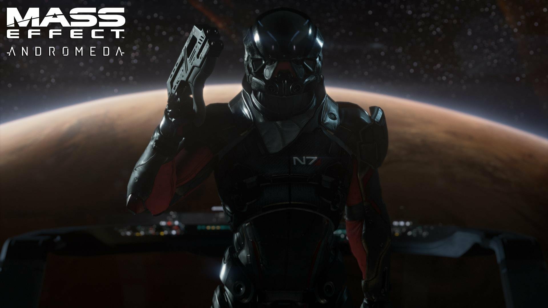 A dramatic HD wallpaper from the video game Mass Effect: Andromeda, featuring a character in futuristic armor against the backdrop of a distant planet.