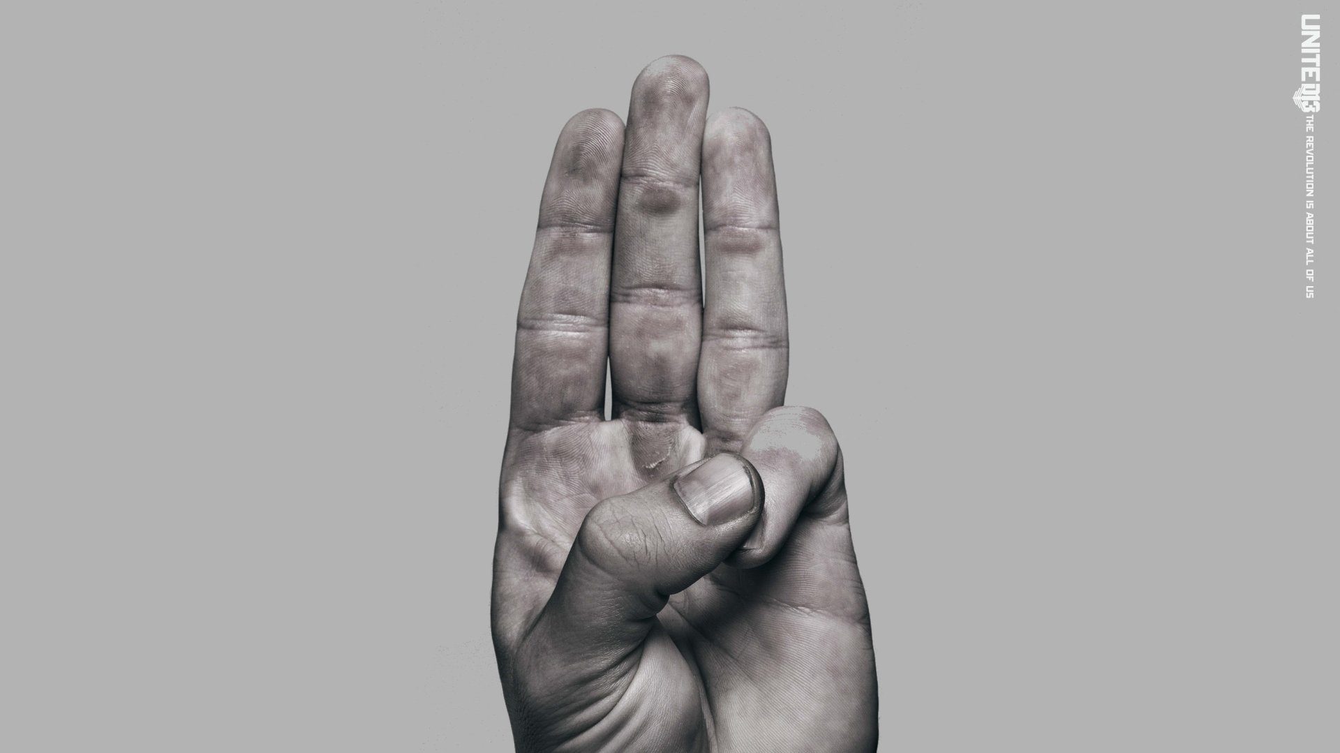Three-finger salute hand on a gray background — The Hunger Games: Mockingjay - Part 2 2K Quad HD PC desktop wallpaper.