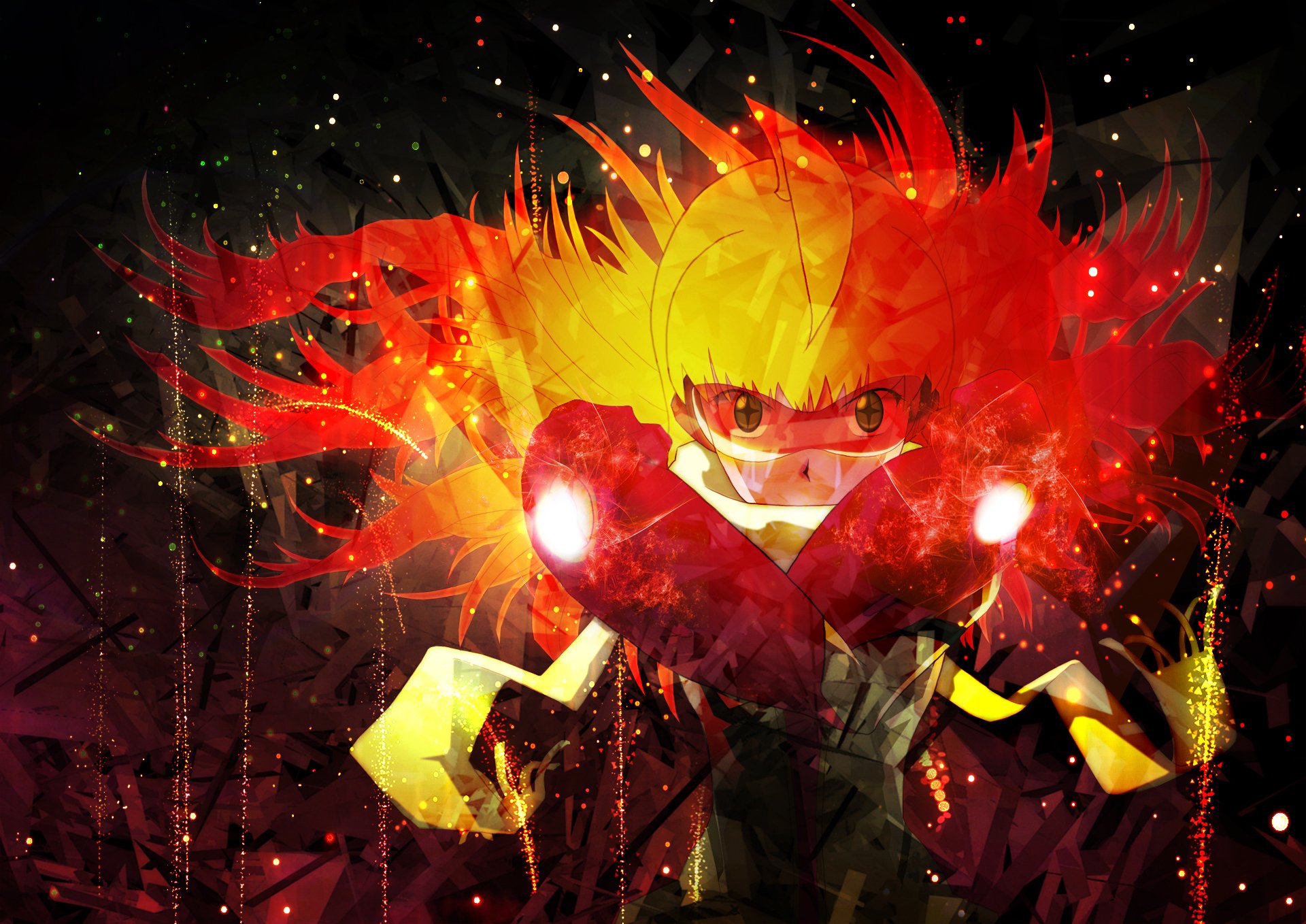 Fiery-haired anime heroine from Gunbuster/Diebuster (Aim for the Top) with glowing fists and fierce gaze, vibrant red-yellow energy burst — HD PC desktop wallpaper/background.