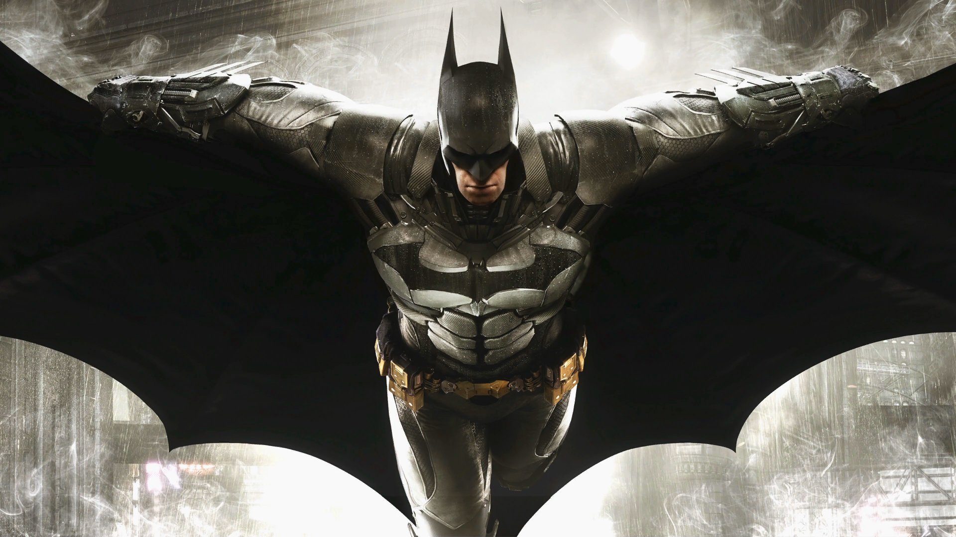 HD desktop wallpaper featuring Batman in his Batsuit from the video game Batman: Arkham Knight, soaring through a dark and misty environment.