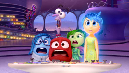 A vibrant HD desktop wallpaper featuring the main emotions from *Inside Out*: Anger, Disgust, Fear, Sadness, and Joy, all expressing strong reactions in a colorful setting.