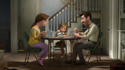 HD PC desktop wallpaper featuring a heartfelt family breakfast scene from the movie Inside Out, capturing a warm, everyday moment at the dining table.