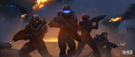 HD desktop wallpaper of Halo 5: Guardians featuring four armored characters in a dynamic, battle-ready stance with a fiery background.