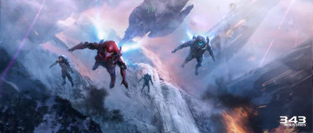 High-definition wallpaper featuring characters from Halo 5: Guardians, showcasing an intense scene with futuristic warriors soaring through a dramatic landscape.