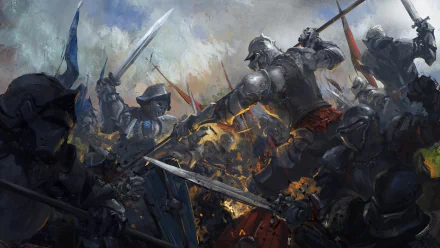 HD PC desktop wallpaper depicting a dramatic fantasy knight battle with armored warriors clashing swords amid fiery sparks and a stormy sky.