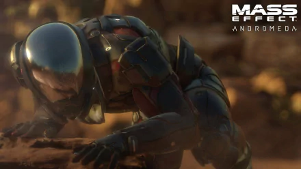 A detailed HD wallpaper from Mass Effect: Andromeda features a character in futuristic armor, emphasizing a dramatic moment in an alien landscape.