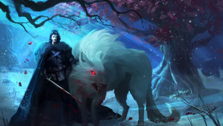 Jon Snow stands with his direwolf against a mystical, twilight backdrop, capturing the essence of fantasy from *Game of Thrones* and *A Song of Ice and Fire* in this striking HD wallpaper.