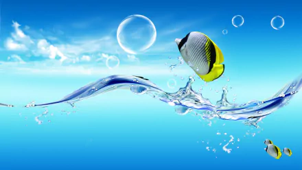 A vibrant HD wallpaper featuring a colorful fish swimming through clear blue water, surrounded by bubbles and dynamic wave patterns, showcasing the beauty of underwater life.