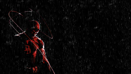 Comic Daredevil HD PC desktop wallpaper: red-suited Daredevil in rain, silhouetted with billy club against a black background.