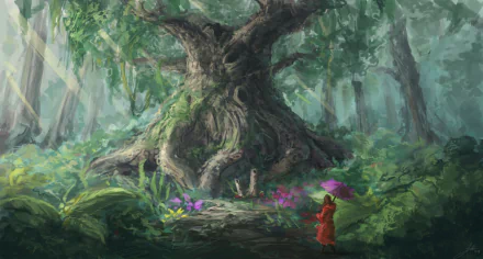 A serene fantasy forest scene features a towering tree amidst lush greenery, with a figure holding an umbrella and vibrant flowers adding color to the enchanting landscape.