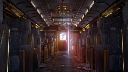 A haunting interior of a train car from Resident Evil Zero, featuring elegant chandeliers and dim lighting, captured in stunning 4K Ultra HD for an atmospheric desktop wallpaper.