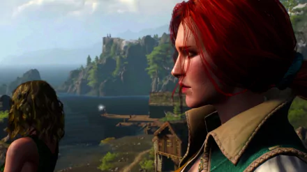 Triss Merigold from The Witcher 3: Wild Hunt is depicted in this HD PC desktop wallpaper, showcasing her vibrant red hair against a scenic background.
