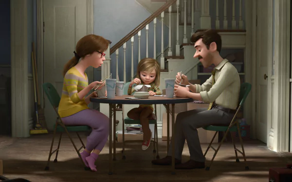 HD PC desktop wallpaper featuring a heartfelt family breakfast scene from the movie Inside Out, capturing a warm, everyday moment at the dining table.