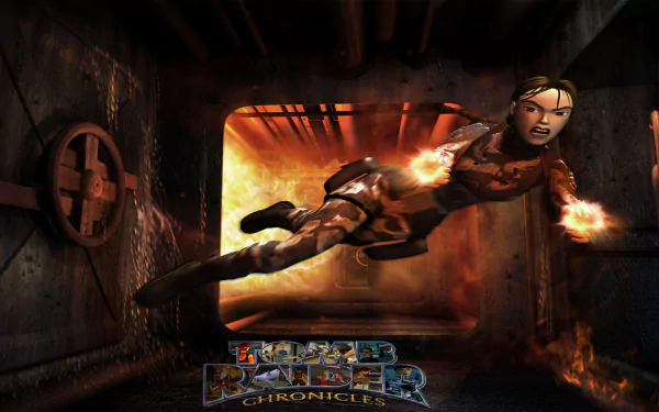 HD PC desktop wallpaper from the video game Tomb Raider Chronicles: Lara Croft lunges through a fiery industrial tunnel, fists ablaze, with the game's logo at the bottom.
