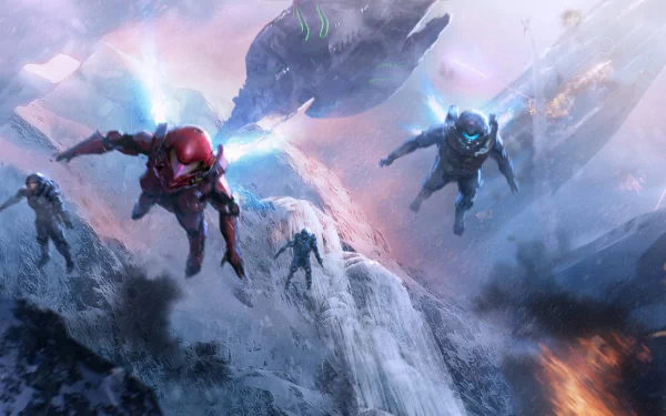 High-definition wallpaper featuring characters from Halo 5: Guardians, showcasing an intense scene with futuristic warriors soaring through a dramatic landscape.