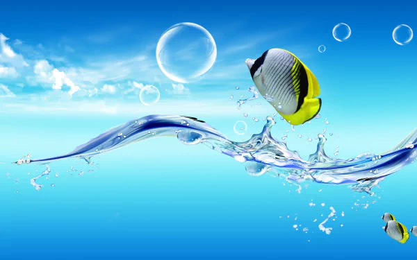 A vibrant HD wallpaper featuring a colorful fish swimming through clear blue water, surrounded by bubbles and dynamic wave patterns, showcasing the beauty of underwater life.
