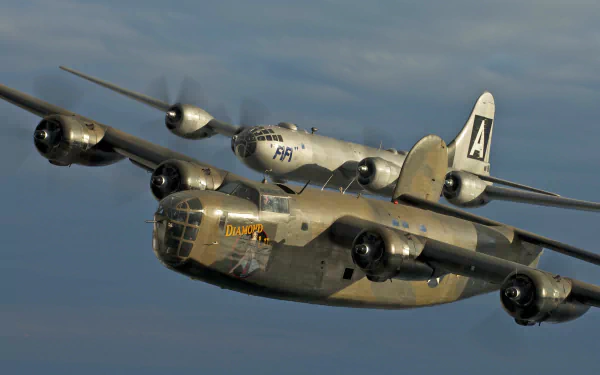 Military Boeing B-29 Superfortress aircraft fly together against a cloudy sky in this crisp 4K Ultra HD PC desktop wallpaper and background.