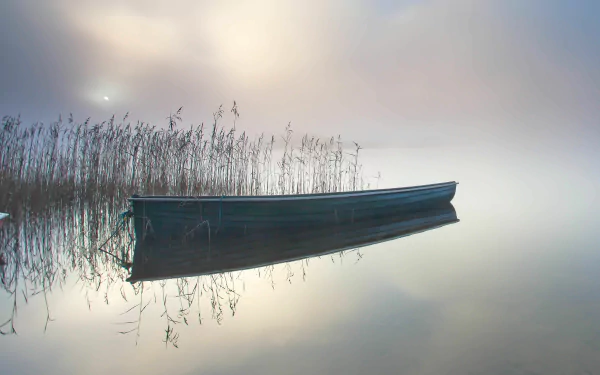 2K Quad HD PC desktop wallpaper: lone boat (vehicle) drifting on mirror-still water by reedbeds, soft pastel mist and muted sunrise light creating a serene, minimalist scene.