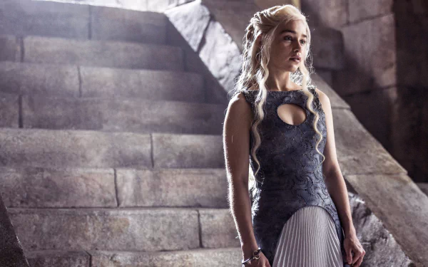 A high-definition desktop wallpaper featuring Emilia Clarke as Daenerys Targaryen from the TV show Game of Thrones, showcasing her in a medieval-style outfit standing by stone steps.
