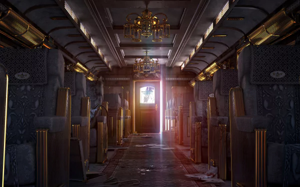 A haunting interior of a train car from Resident Evil Zero, featuring elegant chandeliers and dim lighting, captured in stunning 4K Ultra HD for an atmospheric desktop wallpaper.