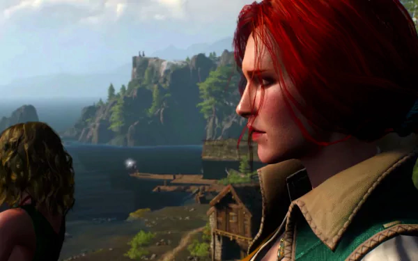 Triss Merigold from The Witcher 3: Wild Hunt is depicted in this HD PC desktop wallpaper, showcasing her vibrant red hair against a scenic background.