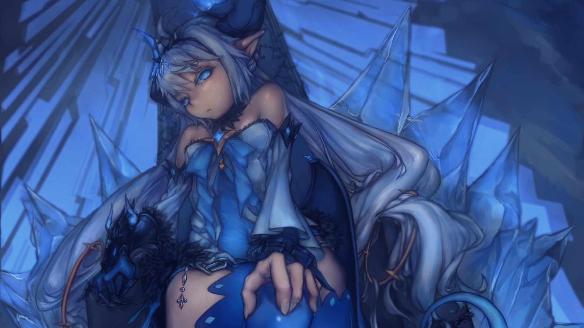 A digital artwork featuring Lu from the video game Elsword, characterized by her long white hair, blue eyes, and animal ears. The image showcases a striking blue background and intricate details.