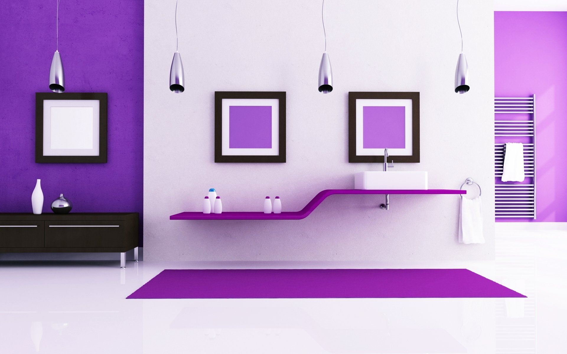 Modern bathroom design featuring bold purple walls and decor. A sleek vanity with a minimalist sink and framed art create a striking, man-made interior space. HD wallpaper background.