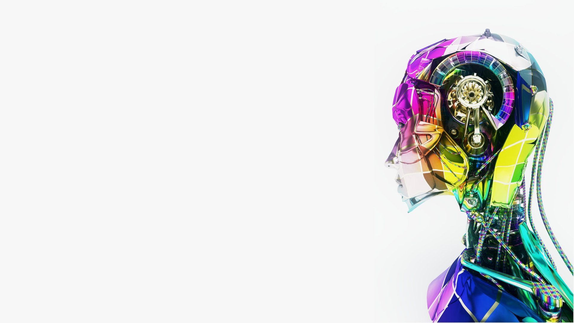 A vibrant sci-fi cyborg profile with intricate details and a blend of colors, designed as a high-definition desktop wallpaper and background.