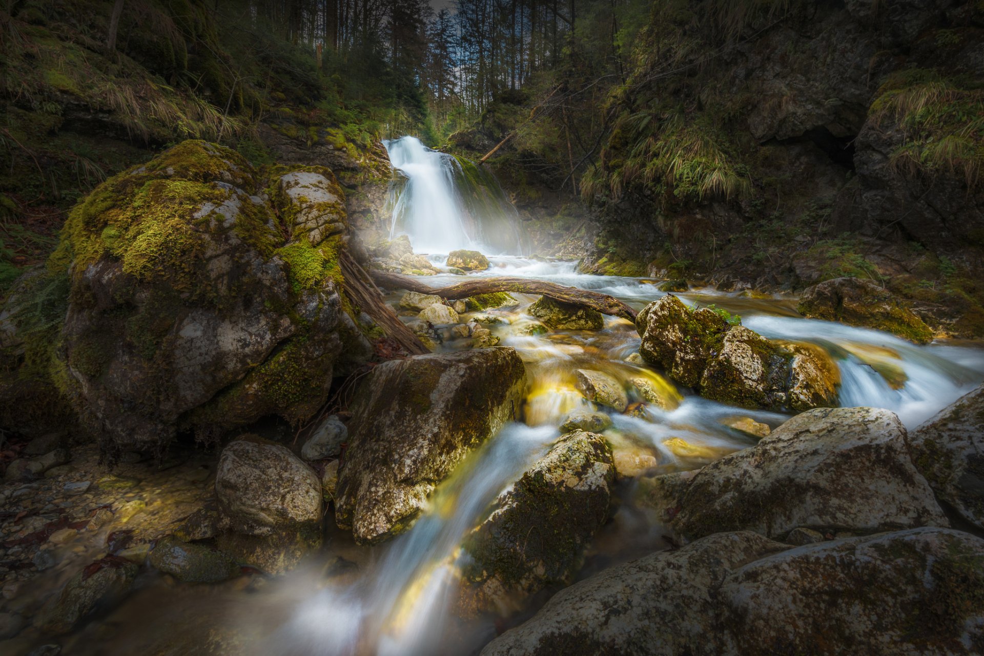HD desktop wallpaper featuring a tranquil forest scene with a flowing stream and a cascading waterfall surrounded by moss-covered rocks and lush greenery.