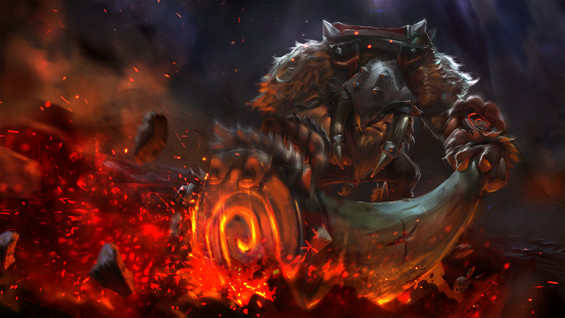 DotA 2 video game HD PC desktop wallpaper: a hulking, armored warrior brandishes a massive cleaver as sparks and molten embers fly against a dark, stormy battlefield background.