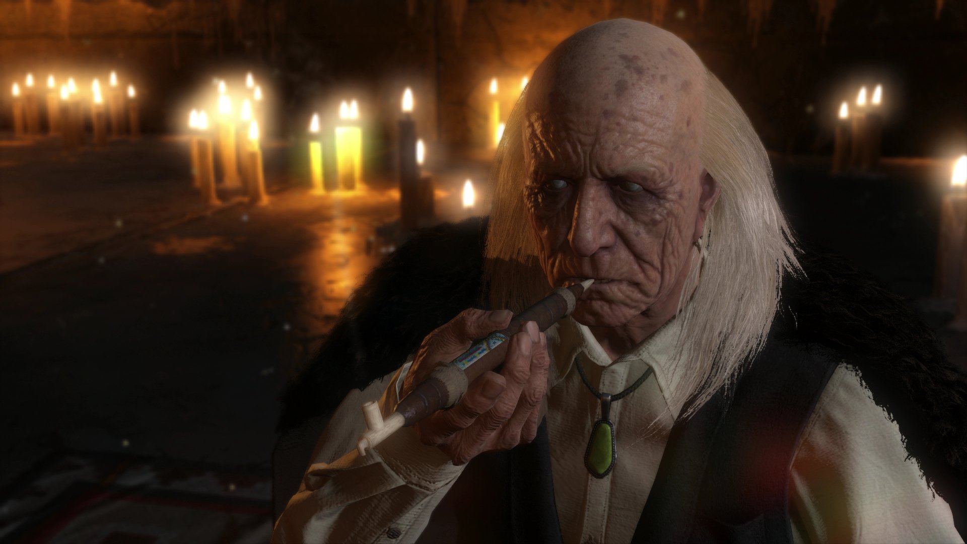 HD PC desktop wallpaper of Code Talker, the video game character from Metal Gear Solid V: The Phantom Pain — an aged, bald man with long white hair and pendant in a candlelit room.