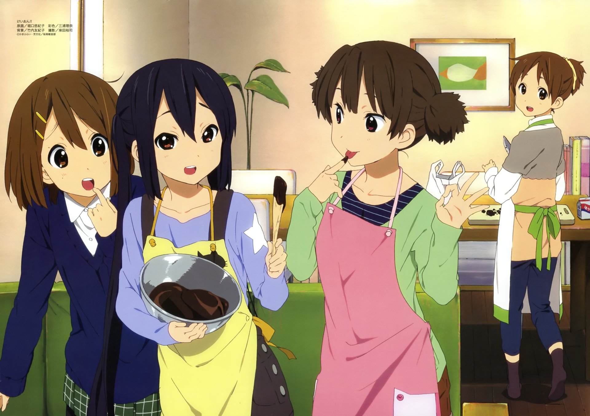 4K anime wallpaper of K-ON! characters Yui and Ui Hirasawa and Azusa Nakano in school uniforms and skirts, short brown hair and eyes, baking together in a cozy kitchen — artwork by Jun Suzuki.