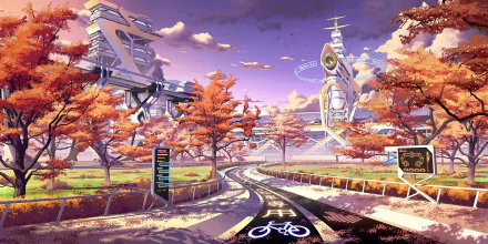 A vivid HD wallpaper showcasing a futuristic anime landscape of a city in the fall, featuring towering structures, autumnal trees, and a serene pathway.