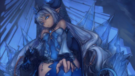 A digital artwork featuring Lu from the video game Elsword, characterized by her long white hair, blue eyes, and animal ears. The image showcases a striking blue background and intricate details.