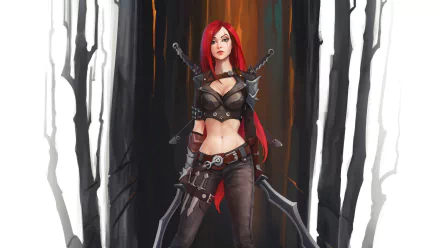 HD PC desktop wallpaper featuring Katarina, a character from the video game League of Legends, standing confidently with her signature blades and red hair.