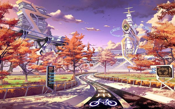Anime Original Otoño Árbol Tower Futuristic City Paisaje Fondo de pantalla HD | Fondo de Escritorio